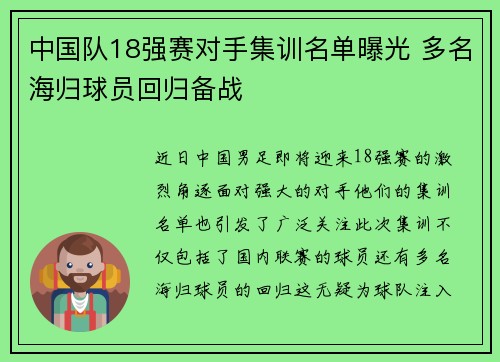 中国队18强赛对手集训名单曝光 多名海归球员回归备战 中国队18强赛对手集训名单曝光 多名海归球员回归备战